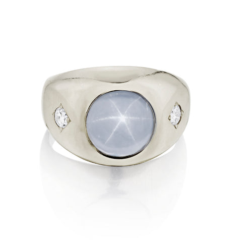 Beautiful Unisex Cabachon Star Sapphire and Diamonds in 14kt White Gold