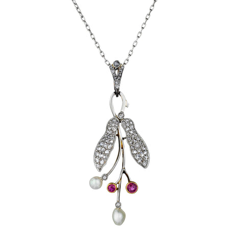 Victorian 18kt Gold  and platinum Diamond, Pearl and Ruby Foliate Pendant.