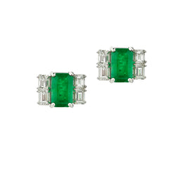 Ladies Platinum Diamond and Green Emerald Stud Earrings