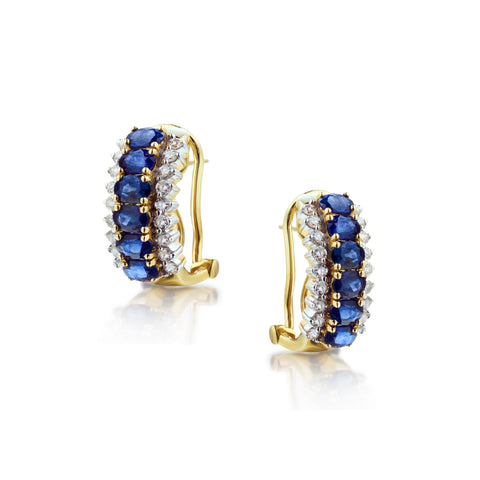 Elegant 18kt Yellow Gold Ladies Diamond and Blue Sapphire Hoop Earrings.