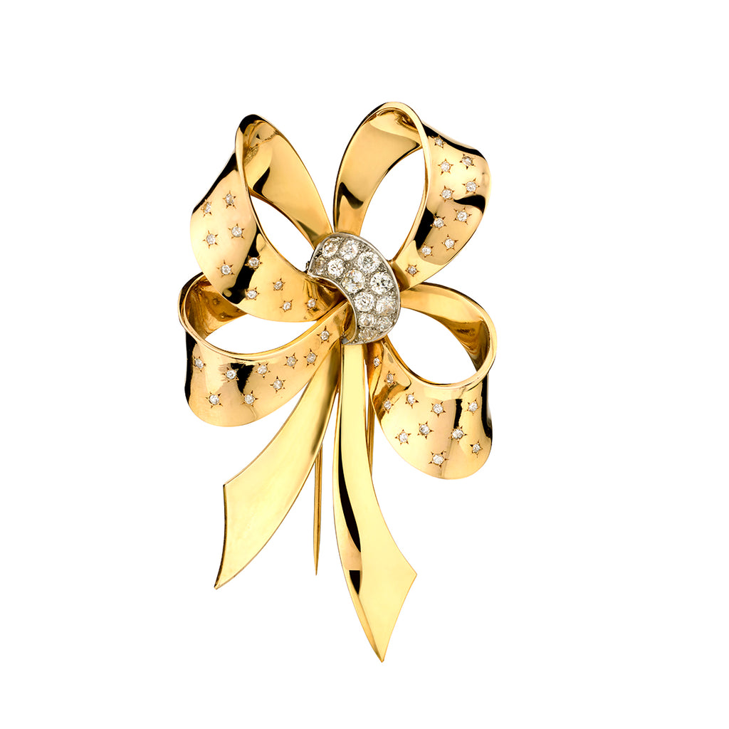 French Ribbon Bows Vintage 18kt Rose Gold Large French Ribbon Bow Diamond Brooch | Van ...