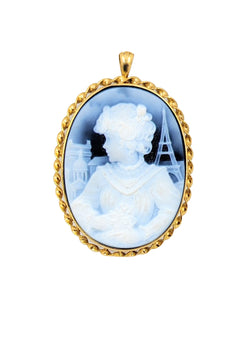 18Kt Yellow Gold French Vintage Hand Carved Hardstone Cameo Brooch / Pendant