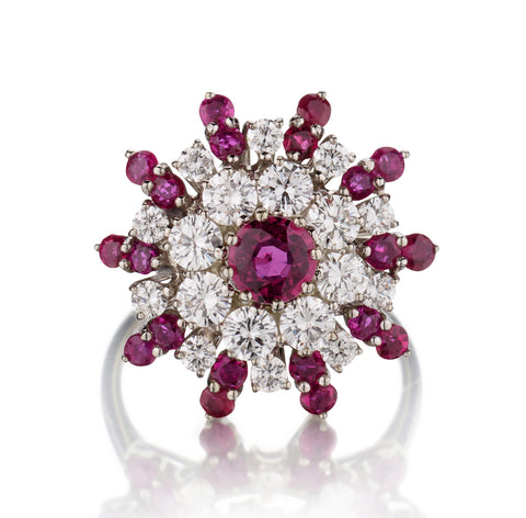 18kt White Gold Ruby and Diamond Cluster Ring.