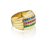 18kt Yellow Gold Blue Sapphire, Green Emerald, Blue Sapphire and Diamond Ring
