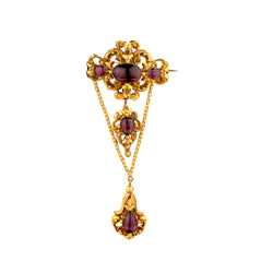19kt Yellow Gold 4 Piece Detachable Brooch Pendant. Set with Cabachon Garnet Stones
