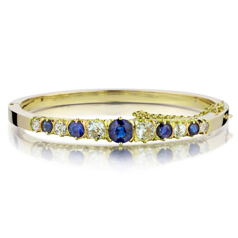 Victorian 18kt Yellow Gold Blue Sapphire and Diamond Bangle. French Markings.
