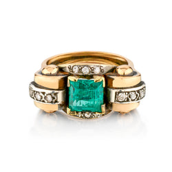 Vintage 18kt Rose Gold and Silver Green Emerald and Mine Cut Ring. Circa 1800's