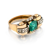 Vintage 18kt Rose Gold and Silver Green Emerald and Mine Cut Ring. Circa 1800's