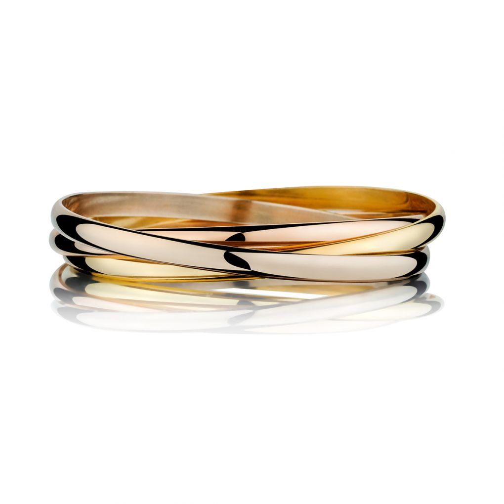 Cartier Iconic 18KT Yellow, White And Rose Gold Rolling Trinity Bangles.