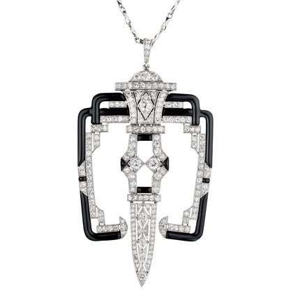 Platinum Onyx and Diamond Art Deco Pendant. Circa 1930's.