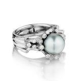 Handmade 14kt White Gold Tahitian Pearl and Diamond Ring.