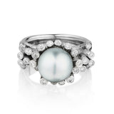 Handmade 14kt White Gold Tahitian Pearl and Diamond Ring.