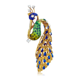 18kt Yellow Gold Peacock Brooch. Enamel and Diamonds. Weight: 23.86 grams.