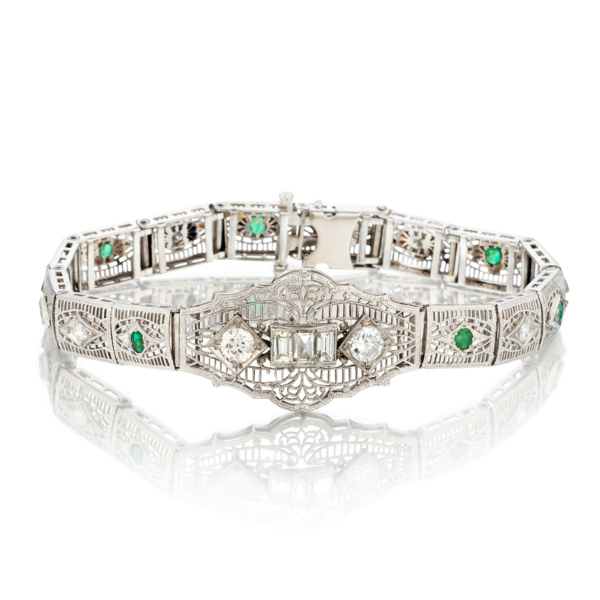 Edwardian  14kt White Gold Green Emerald and Diamond Bracelet.