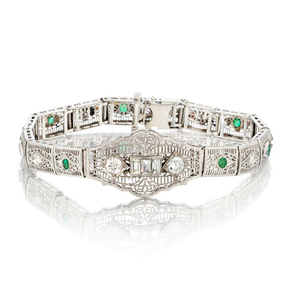 Edwardian  14kt White Gold Green Emerald and Diamond Bracelet.