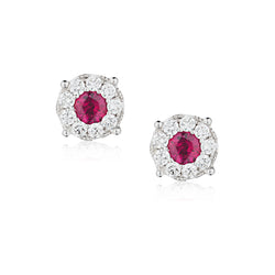18kt White Gold Ruby and Diamond Cluster Earrings.