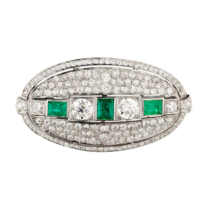 Vintage 18kt White Gold Green Emerald and Mine Cut Diamond Brooch / Pendant.