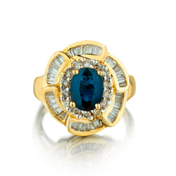 Ladies 14kt Yellow Gold  Blue Sapphire and Diamond Cluster Ring.