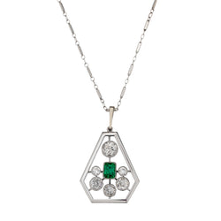 Art Deco 18kt White Gold Emerald and Diamond Pendant