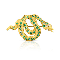 Beautiful Vintage Large Snake Brooch Set with Green Emeralds. 18kt Yellow Gold.