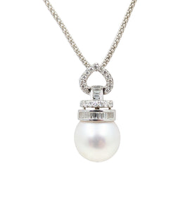 18kt White Gold 13.5mm South Sea Pearl and Diamond Pendant.