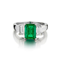 Ladies Green Emerald and Emerald Cut Diamond Ring.