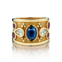 Ladies 18kt Yellow Gold Blue Sapphire, Ruby and Diamond Ring.
