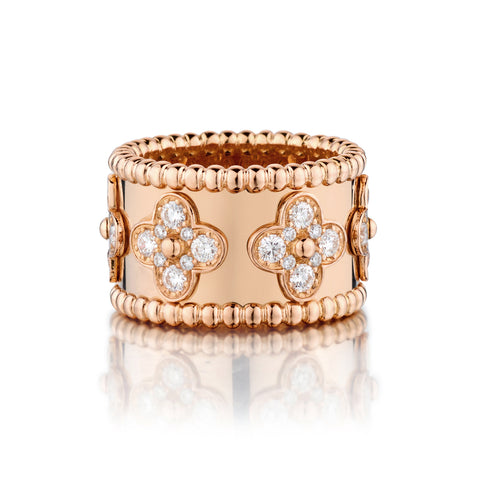 Van Cleef & Arpels 18kt Pink Gold Large Clover "Perlee " Diamond Ring.
