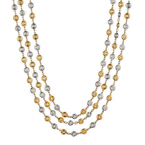14kt Yellow and White Gold Triple Diamond Strand Tennis Necklace. 6.00ct Tcw