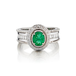 14kt White Gold Green Emerald and Diamond Ring. Unisex.