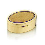 14kt Yellow Gold Pill Box. Blue Enamel. Guilloche design. 18.5 grams.
