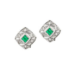 Ladies 14kt White Gold Green Emerald and Diamond Stud earrings.