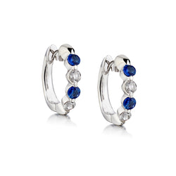 14kt White Gold Blue Sapphire and Diamond Small Hoop Earrings.