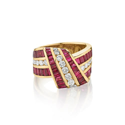 18kt Handmade Yellow Gold Ruby and Diamond Twist Wide Band.