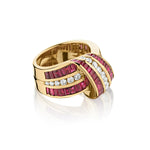 18kt Handmade Yellow Gold Ruby and Diamond Twist Wide Band.