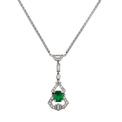 Art Deco Platinum Green Emerald and Diamond Pendant.
