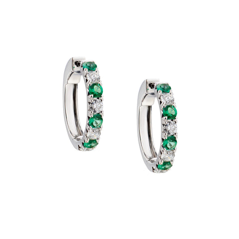 18kt White Gold Green Emerald and Diamond Hoop Earrings.