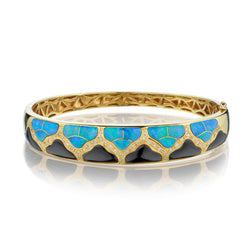 14kt Yellow Gold Opal, Onyx and Diamond Bangle.