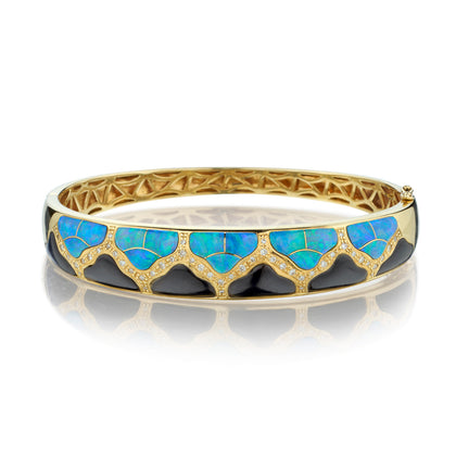 14kt Yellow Gold Opal, Onyx and Diamond Bangle.