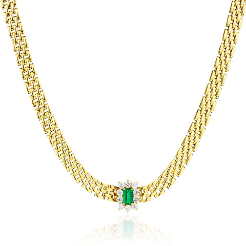 Ladies 18kt Yellow Gold Diamond Green Emerald and Diamond Necklace
