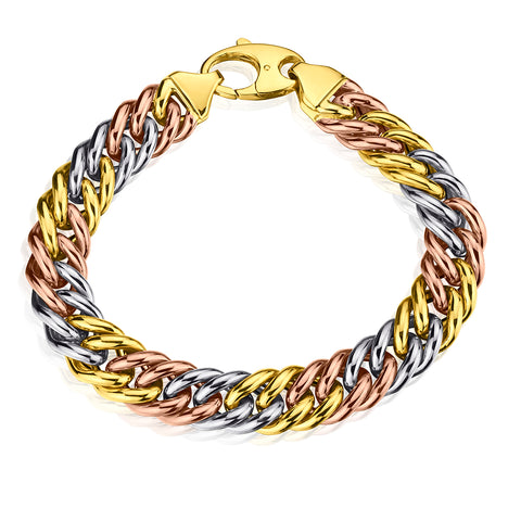 18kt Tri-Colour Bracelet with Large Lobster Clasp Closure. 49 grams.