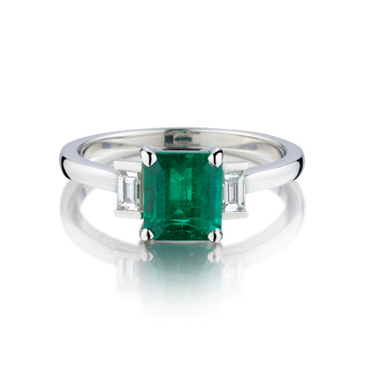 Platinum Natural Green Emerald and 3 Stone Diamond Ring. GIA