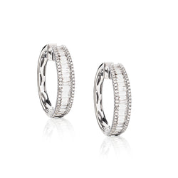 18kt White Gold Hoop Earrings. 1.40ct Tw Baguette and Brilliant Cut Diamonds.