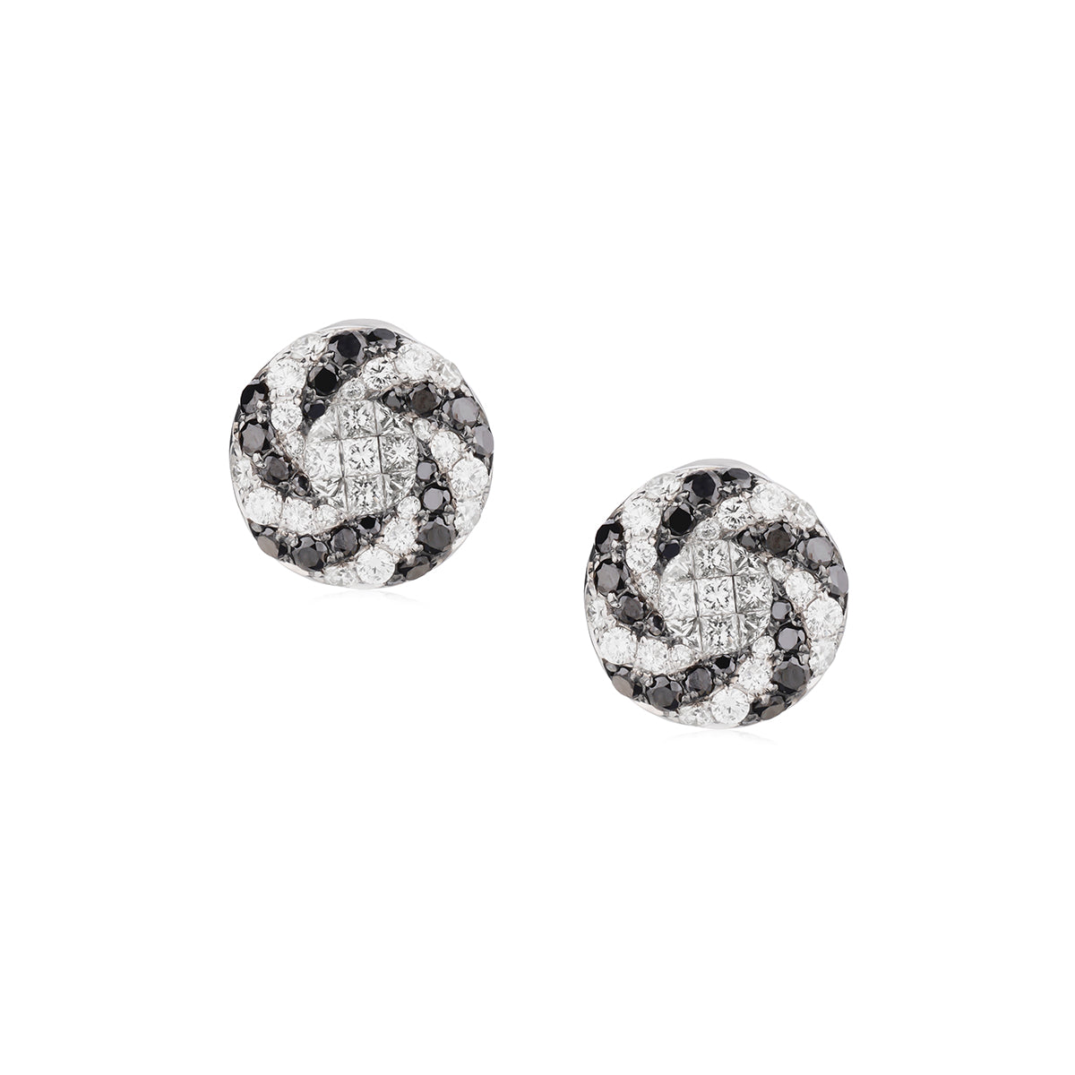 Ladies 18kt White Gold Black and White Diamond Swirl Stud Earrings.