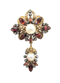 Vintage 18kt  Y/G Floral Brooch/Pendant . Pearls ,Rose Cut  Diamond and Almondine Garnets