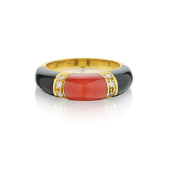 18kt Yellow Gold Coral, Onyx and Diamond Ring.