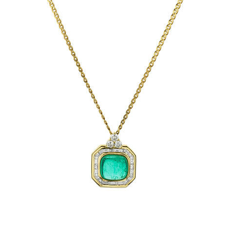 18kt Yellow Gold Green Emerald and Diamond Pendant.