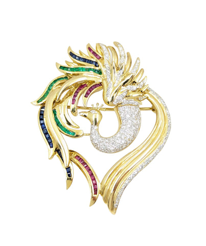 Gorgeous 18kt Diamond and Precious Gem Stone Peacock Brooch