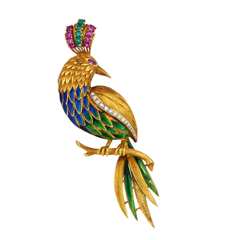 Large 18kt Yellow Gold Bold "Peacock" Brooch on a Branch in 18kt Yellow Gold.