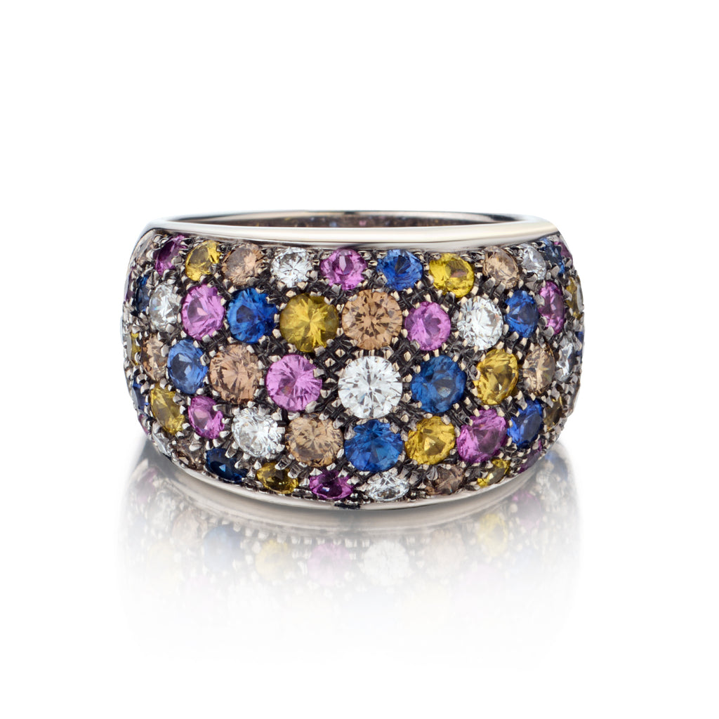 18kt White Gold Diamond and Multi Colored Dome Sapphire Leo